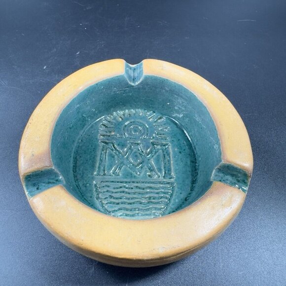 Vintage Mexican Pottery Ashtray Dish Green Teal Aztec Clay Hand Made Decor Dish - Picture 13 of 13